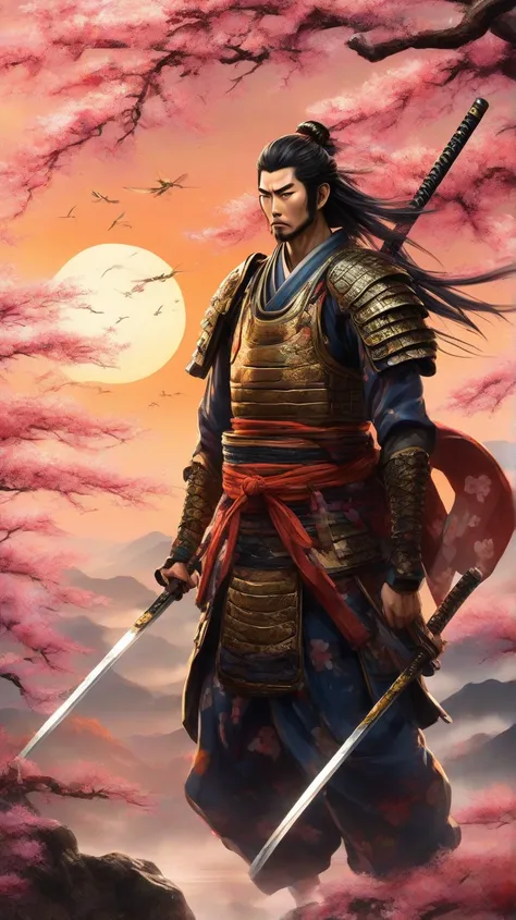 An ancient Japanese samurai in a dramatic anime style, his face fully visible, exuding a calm yet determined expression with sharp, focused eyes as he gazes intently toward a distant horizon. He is not wearing a helmet, allowing his long, flowing hair to c...