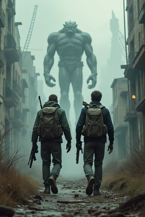 Two armed men, With a backpack wandering in a world where monsters rule over humanity 