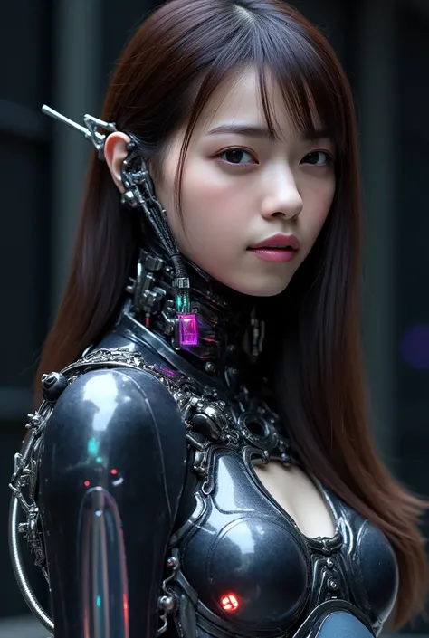 Android girl, Highest quality, masterpiece, ultra-high resolution, ((photo realistic: 1.4), raw photo, 1 cyberpunk girl, glossy skin, 1 mechanical girl, (super realistic details)), mechanical limbs, tubes connected to mechanical parts, mechanical vertebrae...