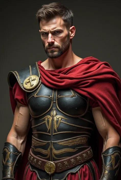 Imposing Roman man, of pale skin and defined muscles, with battle scars and wears black and gold leather armor, decorated with an ancient symbol. Her face has a serious and determined expression, with a cold, calculating look. A torn red robe falls over hi...