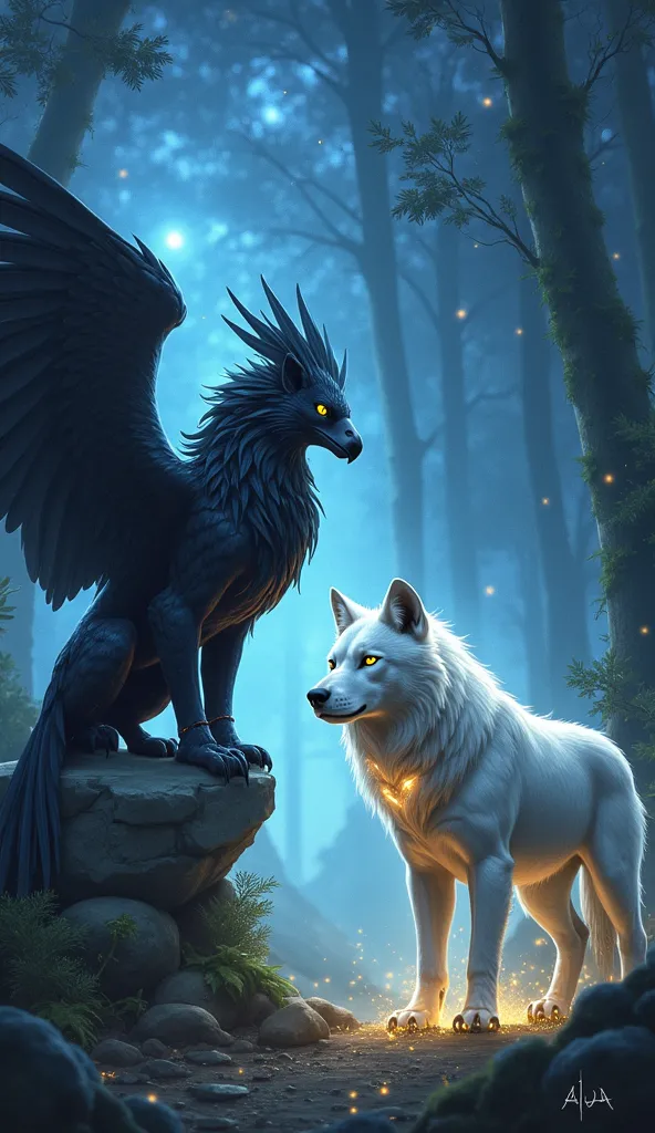 "Create a detailed illustration of two mystical animals interacting in a magical setting. The first is a Dark Griffin, a majestic creature with the body of a lion and the wings of an eagle, but with black feathers eyes and eyes glowing in ethereal blue. Th...