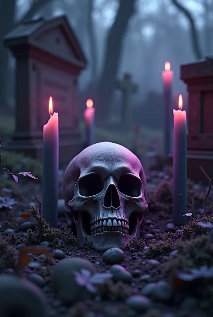 Image with dark purple candles burning, skull, Dark climate, Background with old cemetery, realistic image with ultra details