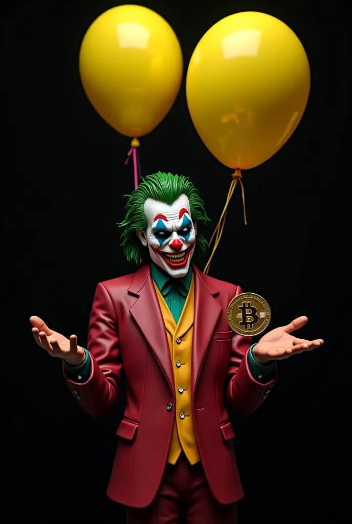 I need a joker or joker disguised as a clown holding a Bitcoin coin in one hand and a yellow latex balloon in the other hand. realism. black background