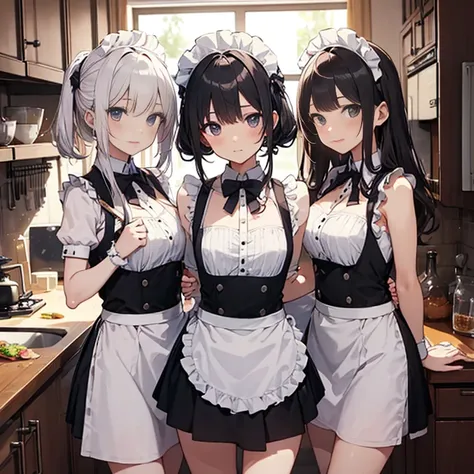 A group of  maids, (in kitchen), various hair styles, harem, details face, short skirt, seducing, sleeveless, maid uniform, 