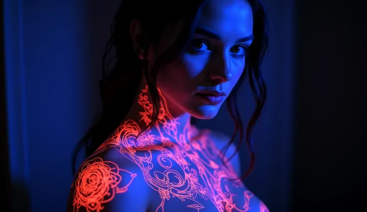 A young woman with neon glowing tattoos (centered) she is fading away into dark, but her tattoos remain bright 
