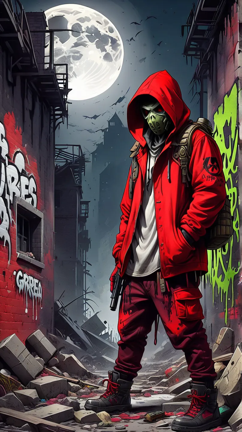 ((Post-Apocalyptic Wasteland, abandoned place, rubble, destruction, destroyed buildings graffiti on walls:1.5)), ((dark zombies, red clothes with hood and grenade, dynamic pose, epic:1.6)), ((background dark, full moon night:1.4)), (Masterpiece),(best qual...