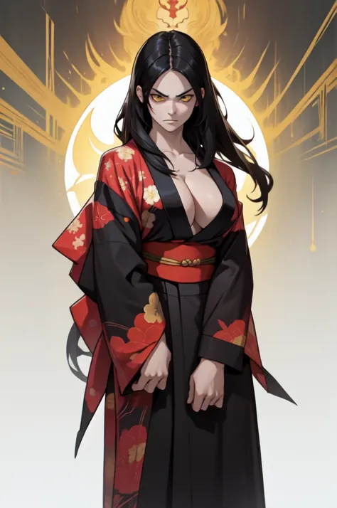 1girl black hair yellow eyes very long hair pale skin angry bodybuilder huge breasts muscular toned body ((kimono))