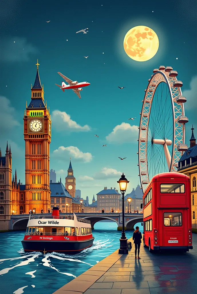 Une illustration de couverture de journal de voyage en format A4 représentant une mosaïque d'éléments emblématiques de Londres et du voyage. Sur l'image en haut au centre est écrit 'Journal de Voyage'. Aucun avion ne figure sur l’image. Big Ben, Tower Brid...