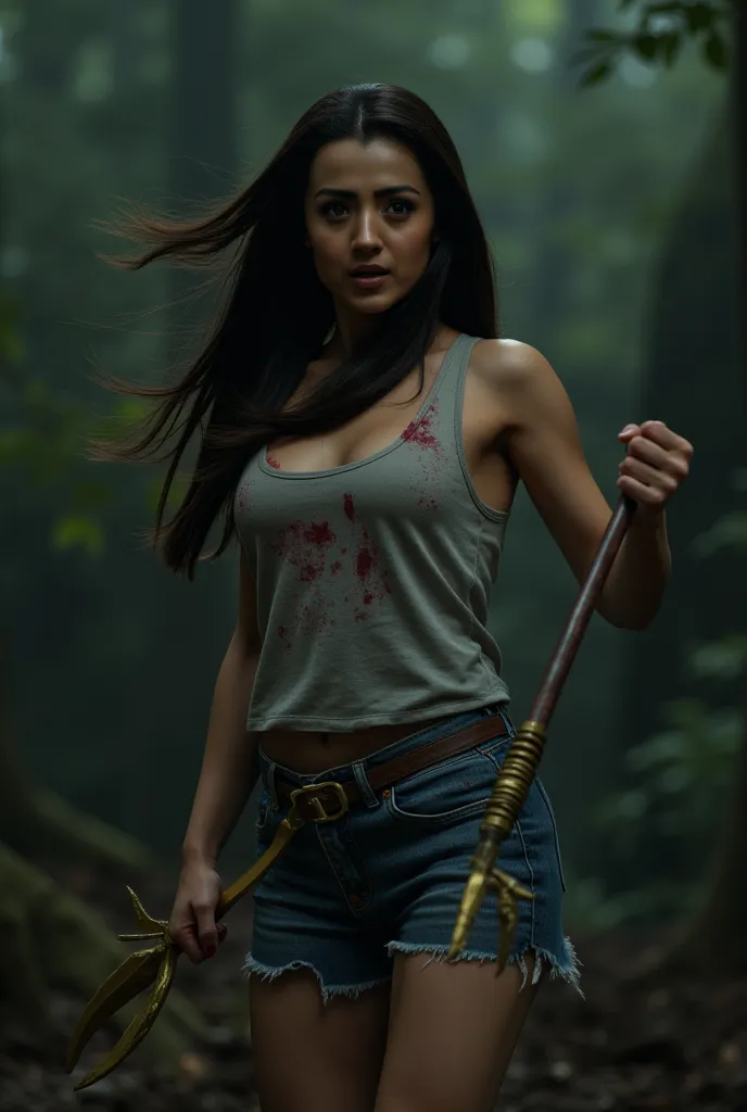 a furious woman with gold Trident, angry expression, detailed angry face, powerful stance, long black hair, wearing a light Grey Tank with Blood Stains and wearing a blue denim shorts, full body visible, dark forest background, moody atmosphere, dark aura,...