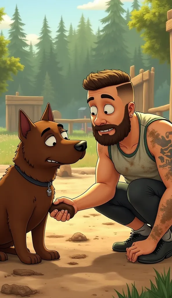 A 30-year-old man with a beard and an undercut hairstyle, drawn in the signature style of The Simpsons. He is wearing a slightly muddy sports outfit and crouching slightly as he shakes hands with a brown Australian Shepherd dog. The dog has deep chocolate ...