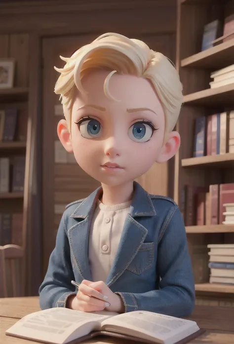 John in an old ,  charming bookstore , surrounded by books,  with wide-eyed eyes as he picks up a dusty Bible.