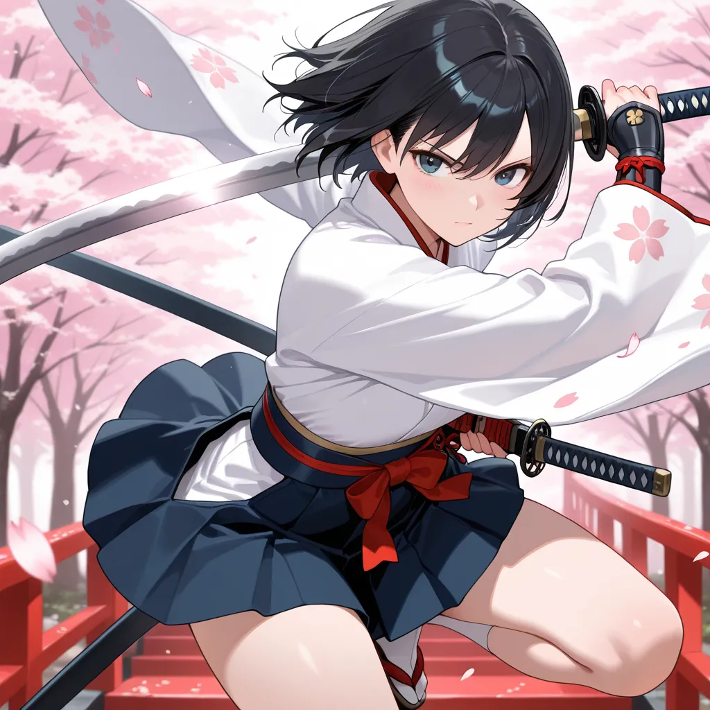 masterpiece,best quality,Very accurate,woman,Japanese clothing white,swordsman,katana,black hair,sakura,mini-skirt,dynamic,