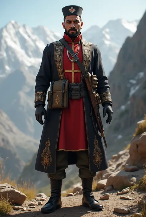 Royal Kyrat Army soldier from the game Far Cry 4 faithful to the game design, and focusing on the red and gray color of the clothes