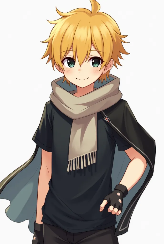 A boy who sees the photo in the middle of his body with yellow hair, black lenses, a black cape on the back, a scarf, a black t-shirt with black gloves with holes in his fingers and black shorts, the male gender. 