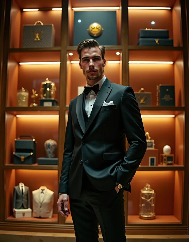 Elegant man Fisheye , STANDS IN A SHOWCASE WITH LOTS OF LUXES, In Paris, BY WAYNE ENGLAND, It's a mixture of , Curated Collections, LOUIS VUITTON OFFICIAL COMPILATION , model stand、 full body, whole body, Advertising images, Photographed by Derek Zablocki ...