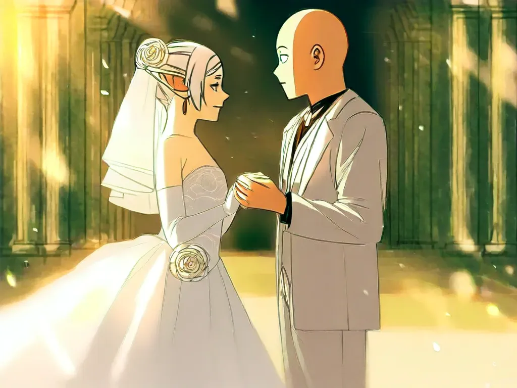 Frieren de beyond jorney ends, Saitama one puch man, wedding ceremony, romantic atmosphere, medieval fantasy setting, elegant wedding dress, simple tuxedo, holding hands, emotional expressions, saitama poker face,Frieren loveness Saitama , fantasy backgrou...