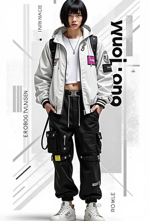 "An edgy, futuristic young man with a sleek bob hairstyle, jet-black hair framing her sharp, determined face. His confident gaze adds to his bold presence, wearing a stylish white high-tech jacket with intricate cyberpunk-inspired designs and patches, laye...