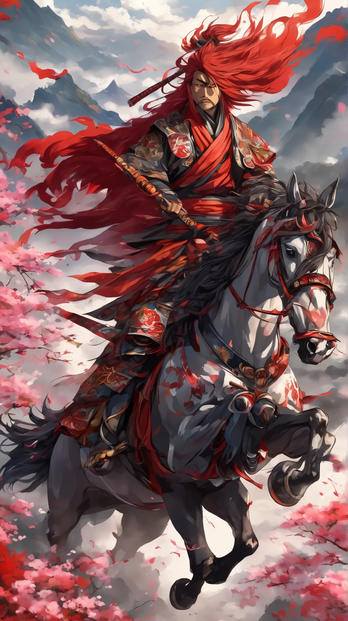 An ancient Japanese samurai in a dramatic anime style, with striking red hair flowing freely and the lower half of his face covered by a bold red mask, adding an air of mystery and intensity. He is clad in deep crimson armor, featuring intricate lacquered ...