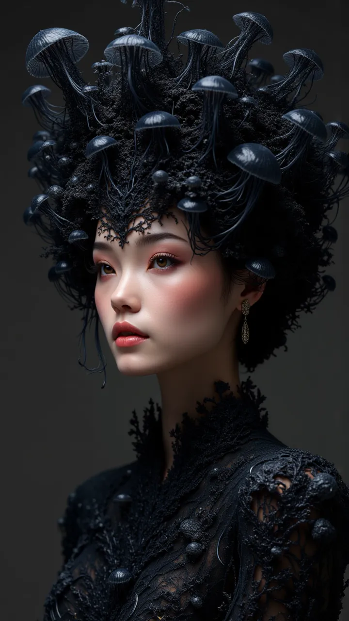 Beautiful American woman with a hat and dress of 3d black jellyfish, detailed facial features, elegant posture, serene expression, lighting hyper-realistic, 8K, photorealistic,  masterpiece, 