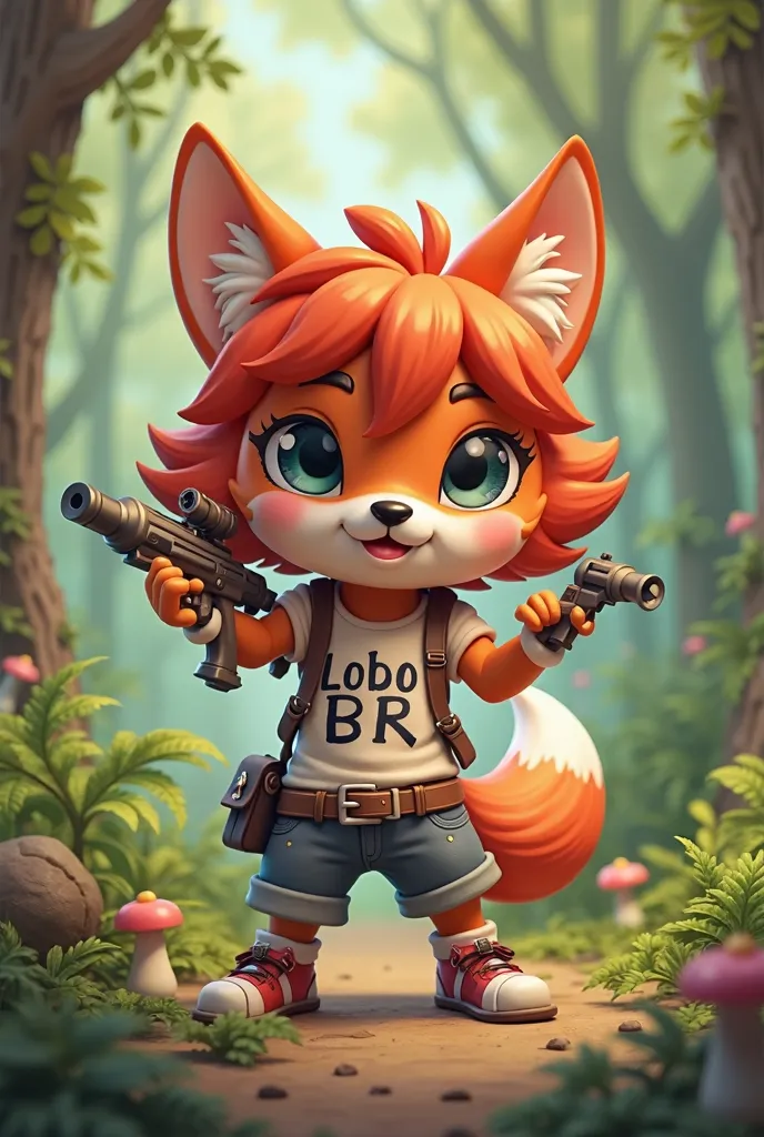 Create a funko-style red-haired wolf shooter cartoon in the forest with cute and feminine clothing written LOBO BR