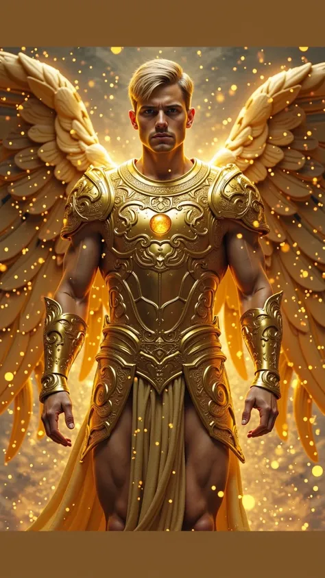 I want Gemini sign man dressed as Archangel Michael with golden armor 