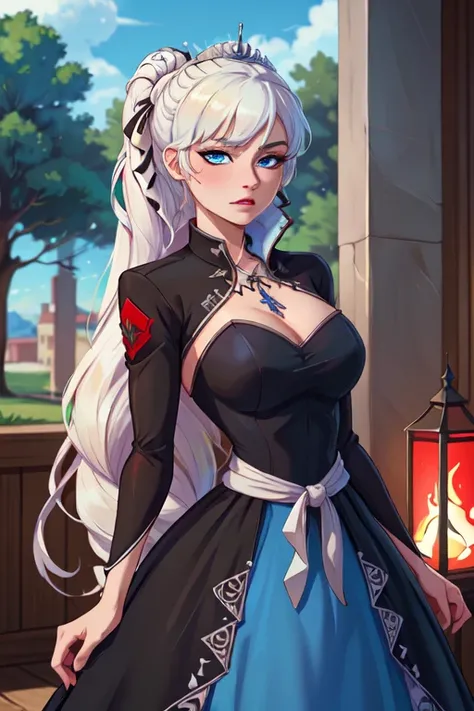 (masterpiece, best quality, absurdres, 4k, aesthetic, detailed, intricate),1girl,nikkecrwn,tiara, hair ribbon, 
Cosplay as Weiss Schnne from Rwby, dark blue and black intricate ballgown:1.5






