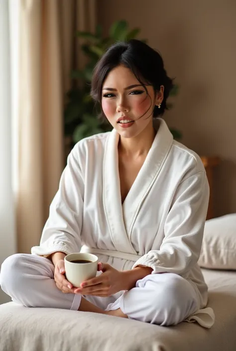 woman sitting down looking relaxed on massage table, smiling and looking forward,  short dark hair, Persian eyes, full lips,  wide hips,  fully clothed realistic, spa setting in home, cozy environment, clothed in a robe, holding 1 cup of coffee, relaxing b...