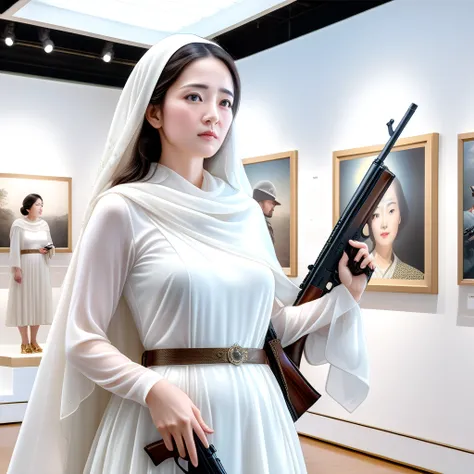 photorealistic,  RAW Photo,  film photo , high definition, Top quality, 8k wallpaper, official art, award-winning work, (double exhibition work: 1.4), the fusion of a mother, holding a , and a soldier with a rifle, Mother in a white dress and , wrapped in ...