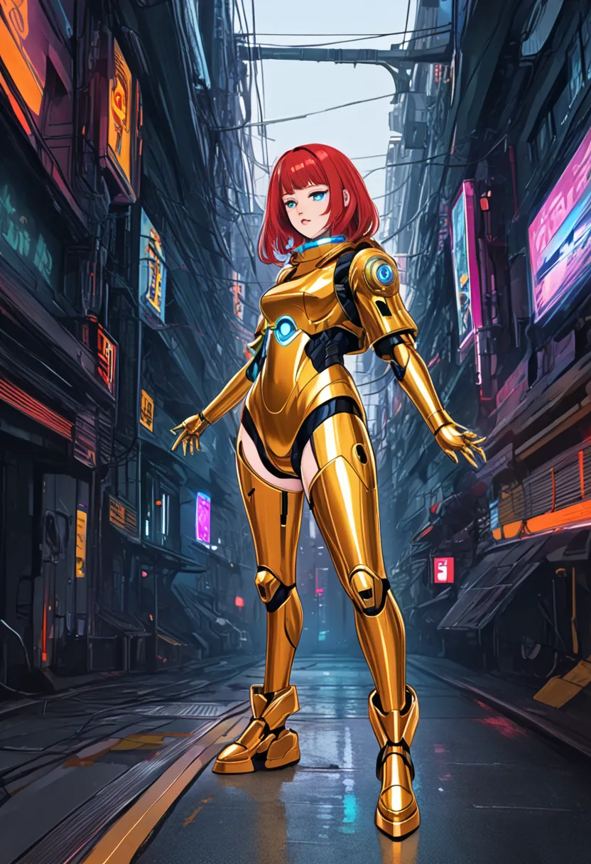 Android Girl, golden clothes, red long hair, blue shinning eyes, cyberpunk girl, droid girl, ecchi, full body picture, neon, futurist, cyberpunk tecnology.