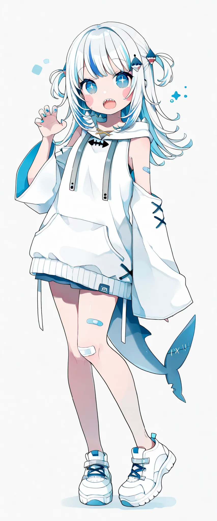 1girl, chon \(chon33v\), fins, simple background, bandaid on leg, bandaid on face, shoes, sleeveless, fish tail, +_+, white footwear, shark girl, nail polish, fish, blush stickers, white background, hoodie, sharp teeth, standing, virtual youtuber, hood dow...