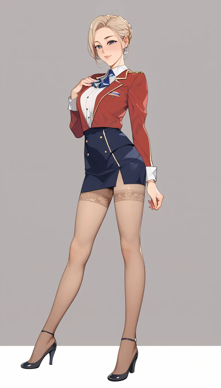 it depicts pantyhose covering the entire lower body　    stewardess uniform （ANA flight attendants  ） 　high heels　  squats 　  tight skirt 　  panties　 facing forward 　The flesh-colored  panties are clearly visible 胸元からブラジャーが見えています