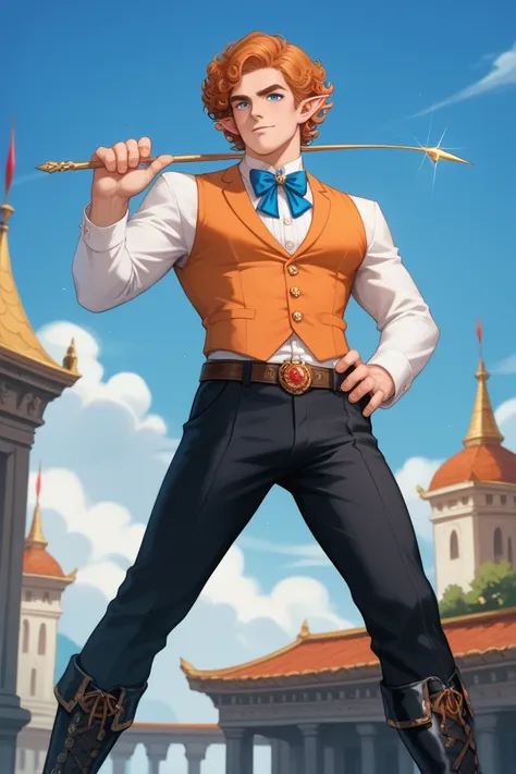 *He has long, elegant, voluminous, curly orange hair, and blue eyes. he always has a stern and judgemental look on his face. he is wearing a white, aristocratic blouse, with an orange vest with golden designs in it, and tight, black pants, with black boots...