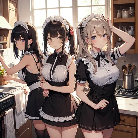 A group of  maids, (in kitchen), various hair styles, harem, details face, short skirt, seducing, sleeveless, maid uniform, armpits 