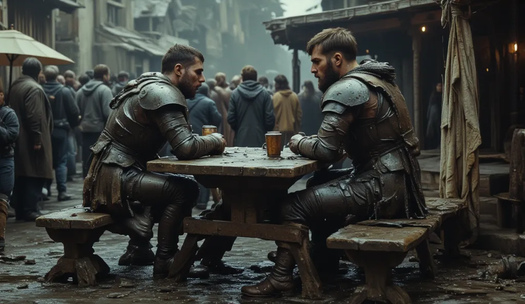 2 people sitting at a table in a crowded, rowdy medieval beergarden of an Eldritch germanic pub: Person 1: A haggard, Caucasian male knight in dented, blood-streaked platemail armor sitting at a scarred picnic table in a crowded, rowdy medieval beergarden,...