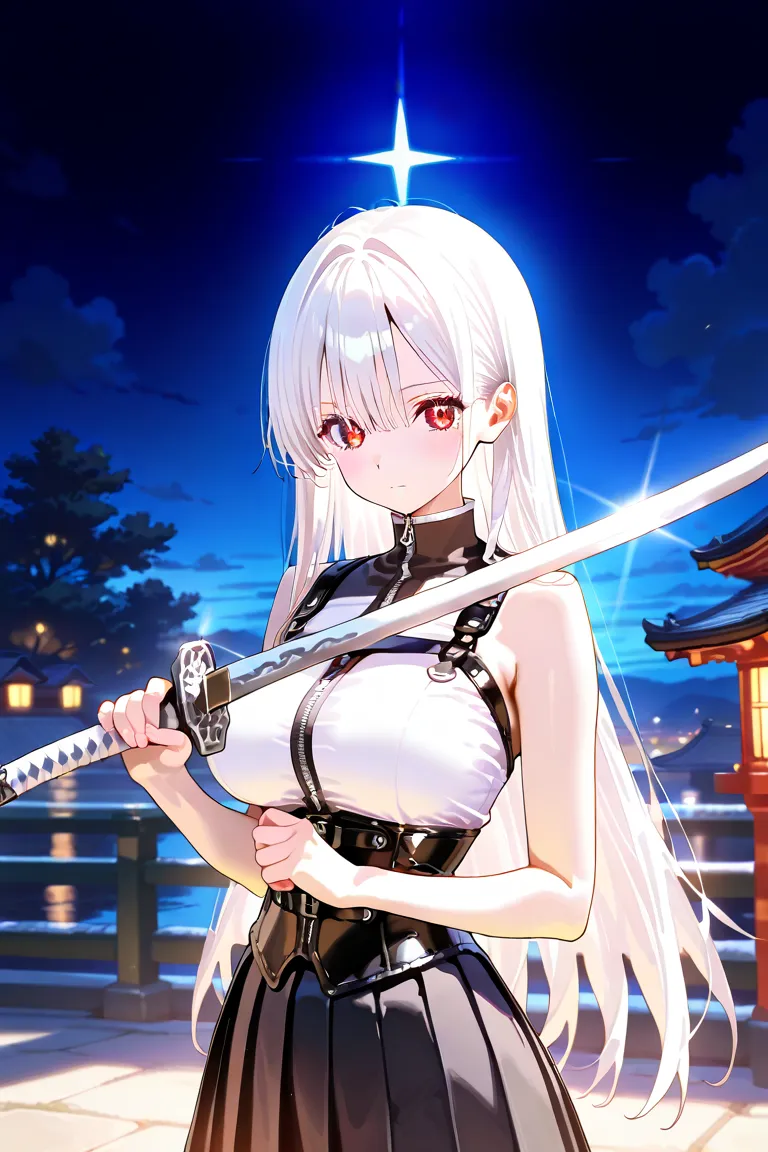 BEST QUALITY, ULTRA DETAILED, PERFECT ANATOMY, HIGH DEFINITION, INTRICATE DETAILS, ALONE, 1girl, slender, medium-large breasts, long white hair, straight hair, red eyes, symbol pupil, x pupil, black pleated skirt, black high collar corset, bare shoulders, ...