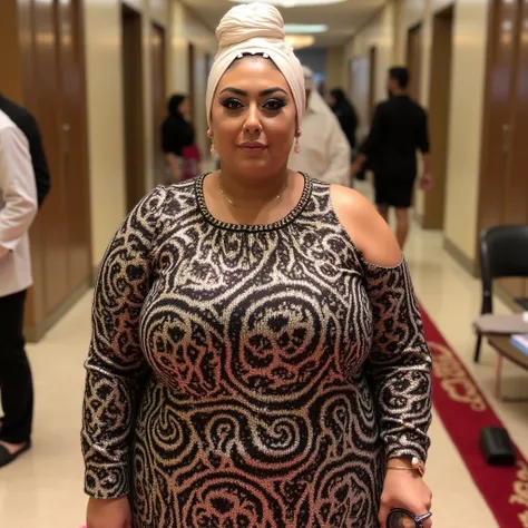 Fat girl wearing short dress Saudi arabian influencer women(24 years old),thick eyebrows,small eyes,white hair low bun hairstyle,hijab,rich girl,l in meeting of influencers in dubai,looking to cameraHigh Resolution, High Quality, Super Detailed, ,full body...