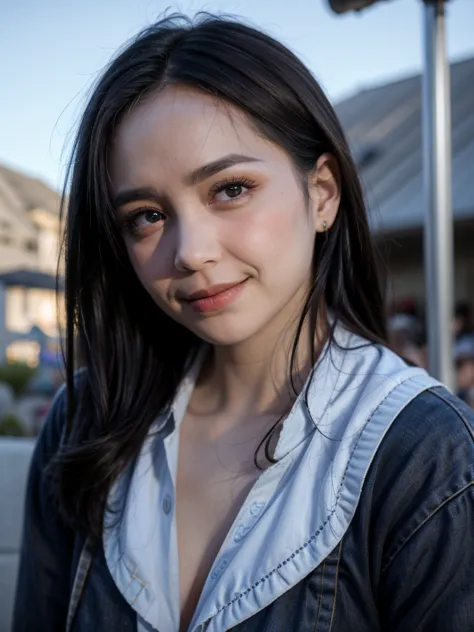  raidenshogundef , upper body, smile  ,  blush, outdoor,  day , simple background, blue sky ,  short hair , sky , Temple, looking at viewer,  ladder ,   mountain ,  gloomy lighting, facing viewer,