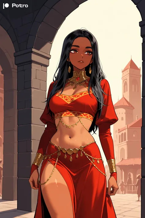 female,long black hair,tanned skin,black chocker,red arabic style midriff dress,belly chain,in the background the sunset on a medieval city skyline,potrait