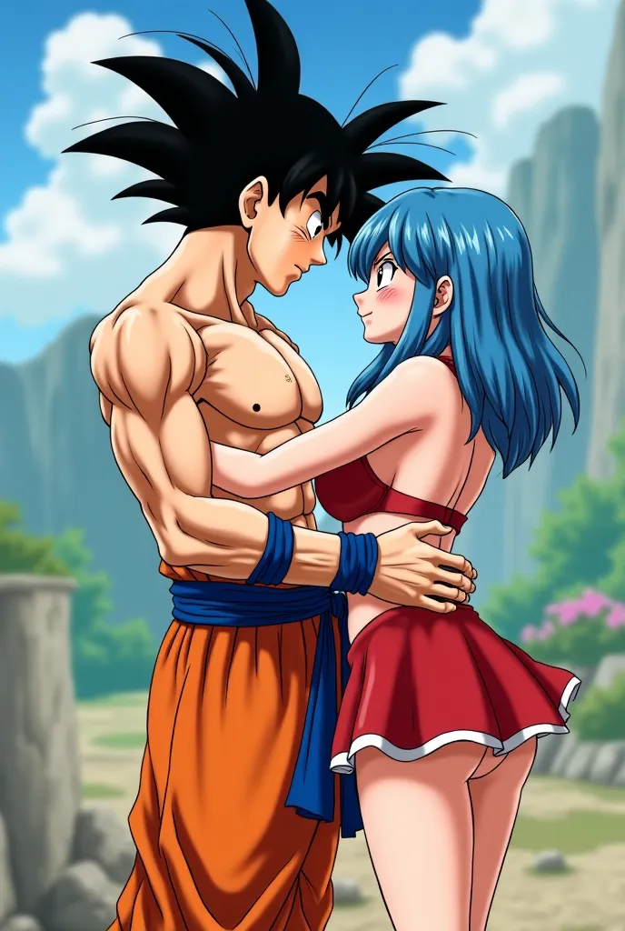 An image of Goku, without a shirt, Caressing Bulma. Bulma is in a skirt and wearing a very hot outfit. Bulma is Vegeta's wife in the series,  has blue hair . Goku caresses her between her legs and she enjoys 