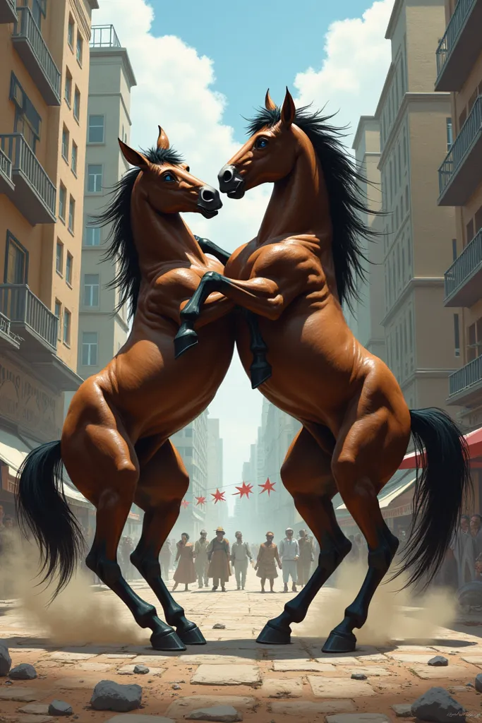 A horse fighting a donkey on the streets of a city 