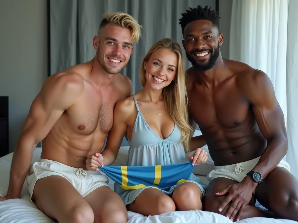 A 20 year old cute Swedish girl and two muscular blacks africans men, blonde, ponytails, wearing a very short, light blue, transparent nightgown, without underwear. happy,the girl hold a sweden flag
((The girl and the man are over 18!))