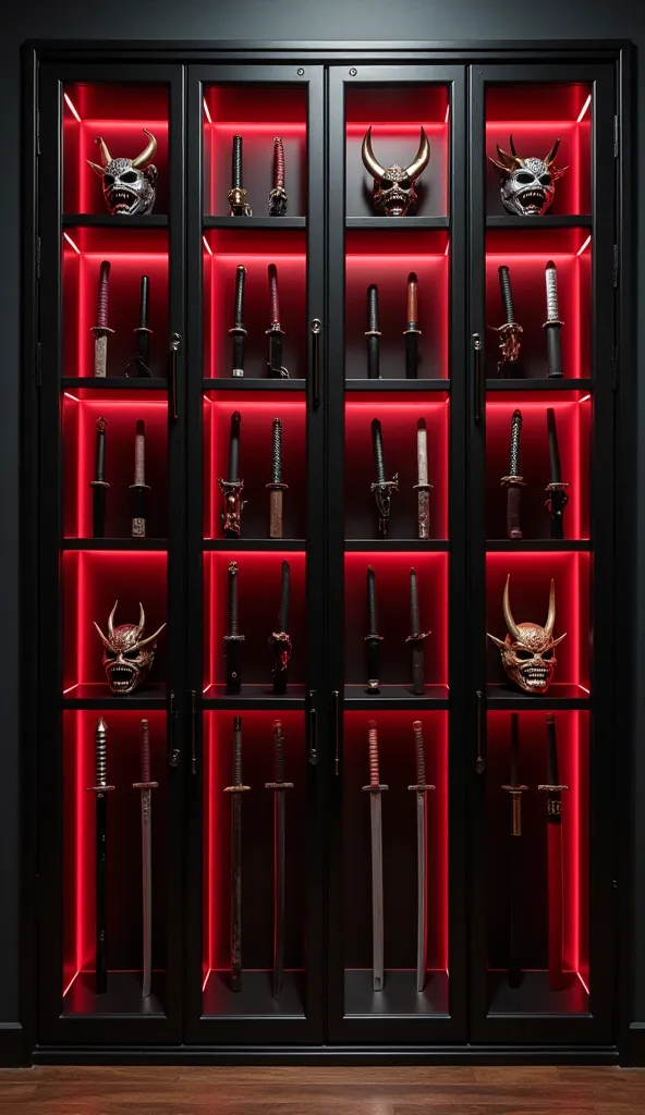 a niche in the wall is something like lockers. there are a lot of Korean and Japanese knives. and Japanese masks they're on the face. it all belongs to an assassin. in the niche only cold weapons! the tire is in a black wall with red lighting. , the niche ...