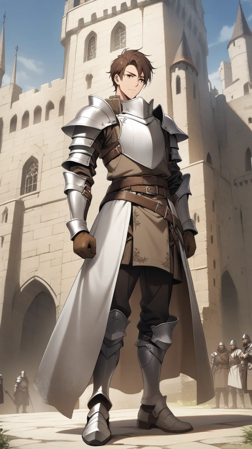 1Man，alone，  male focus  ，  Brown hair  ，  Tall Fit  ， Finger Gloves  ，Silver & White Armor，brown eyes，full body，will，Castle Background，Medieval Knight
