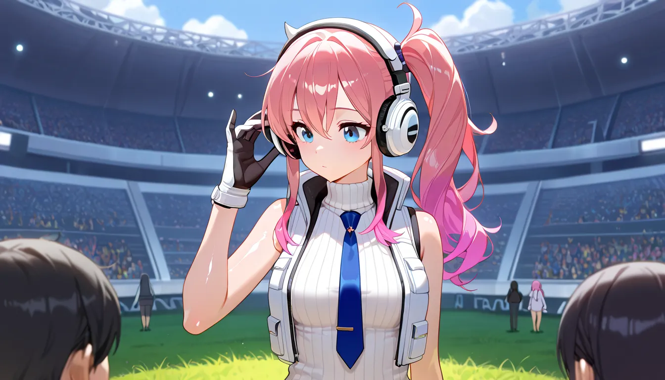 ppprdf, pink hair,  long hair, Side lock, Side Ponytail, Headphones, For Audience，Hold down the headphone with your right hand and listen carefully to the music，breast,  blue tie,  white vest, Sleeveless,  white sweater, turtleneck,  ribbed sweater , Sweat...