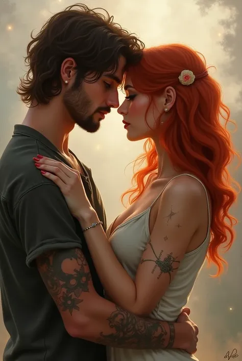 redhair girl with her boyfriend with longer hair and tattoo