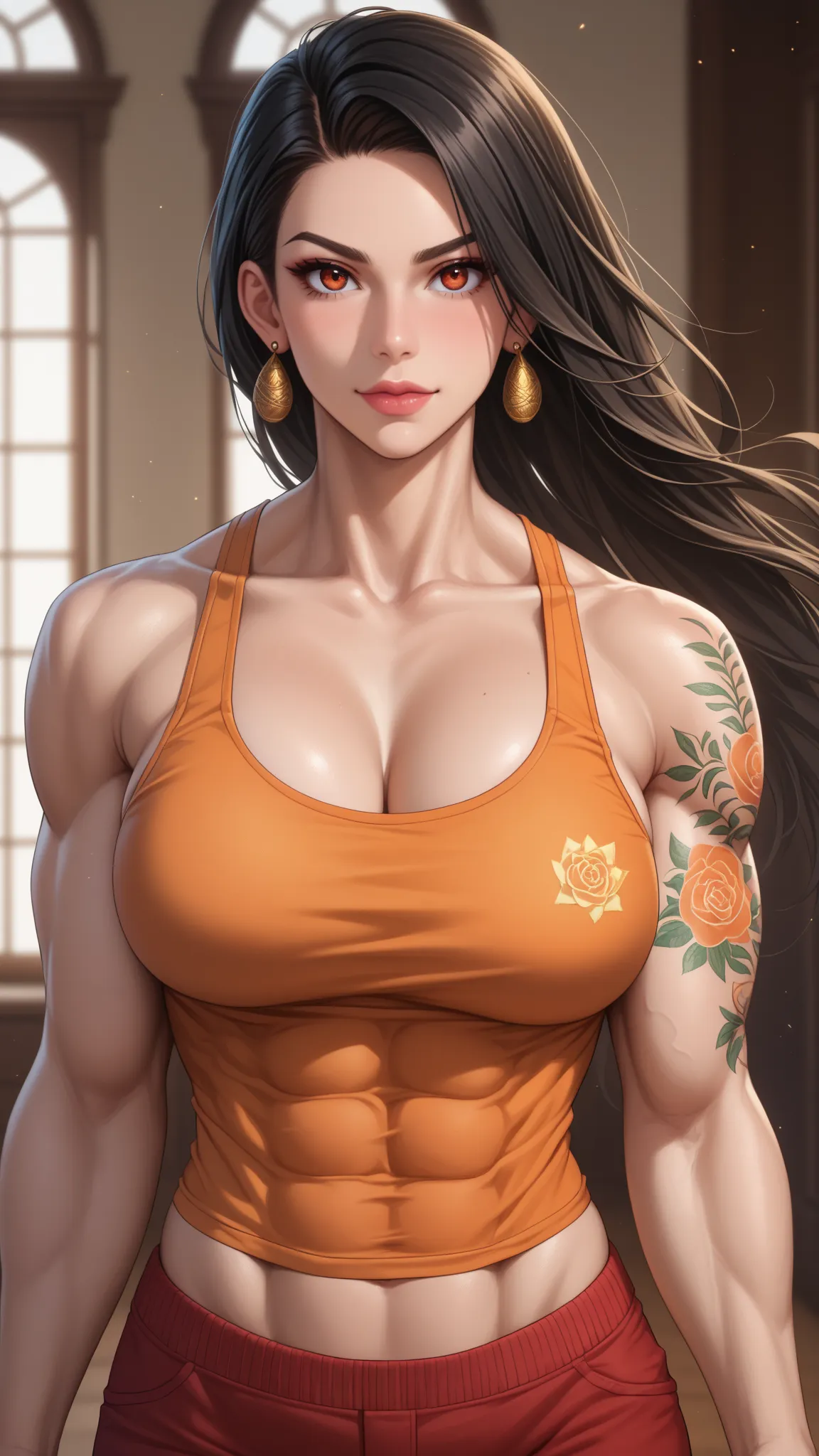 1girl, muscular_female, visible_abs, intricate_tattoos, black_hair, long_hair, side_view, orange_tank_top, red_bottoms, confident_expression, earring, bare_arms, detailed_shading, strong_pose