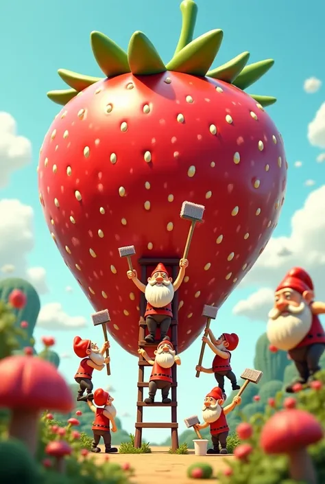 Create a video of dwarves using a ladder to clean a very large piece of strawberry 