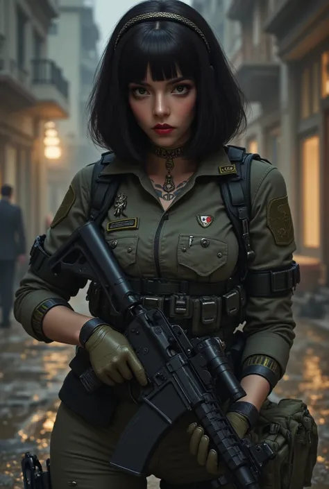 Black-haired military girl operative Mara with a gun in her hands and a tattoo