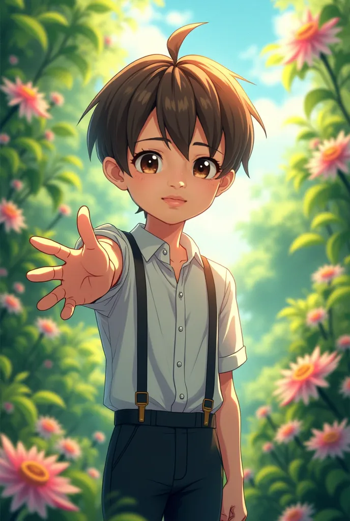 Anime boy with brown hair, smiling and reaching out to the viewer from behind an overgrown flower-filled garden, wearing a white shirt, black pants, and suspenders.