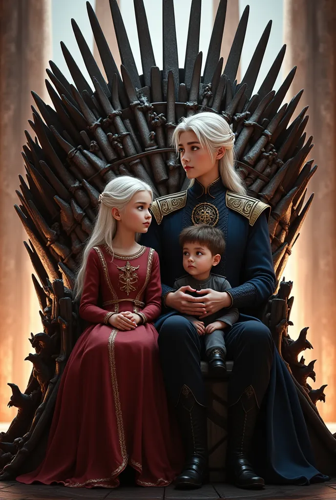 Young Targaryen couple with their son and daughter Valyrian ren on the throne
